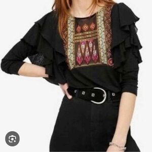 Free People Lacienga Black Ruffled Top with Embroidered Design